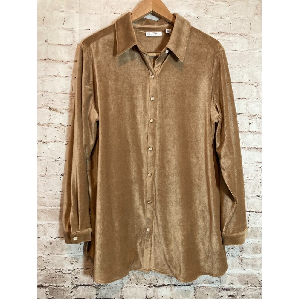 Susan‎ Graver Top Womens 1X Camel Brown Velour Ribbed Button Up Plus Stretch